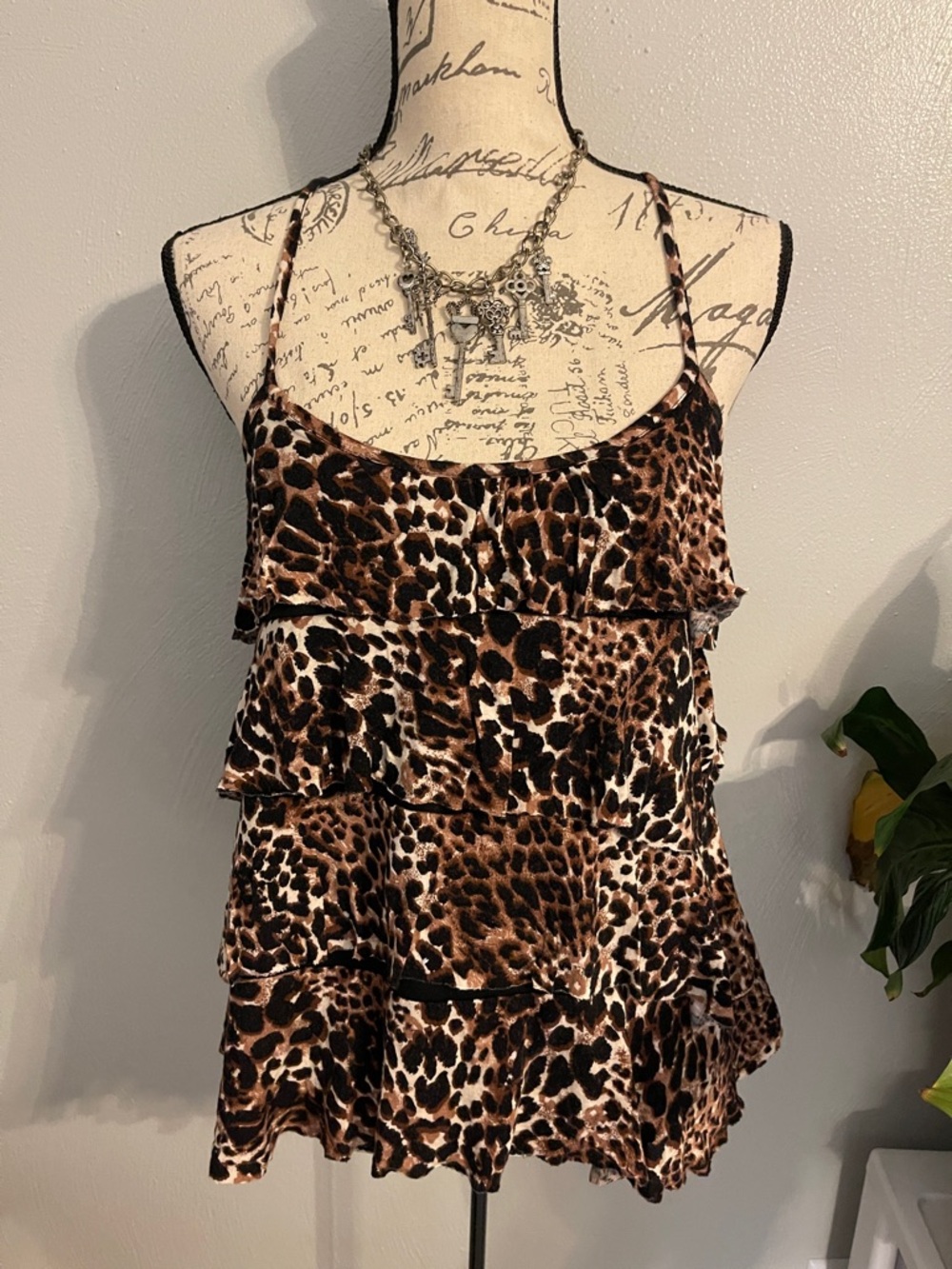 Pout Leopard Print Tiered Tank Top Lace Back Camisole Small